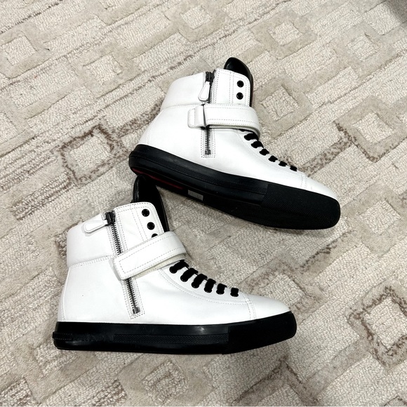 NIB Authentic Prada Nappa Sports Laceup High Top Leather Sneakers White 38 - Picture 3 of 11
